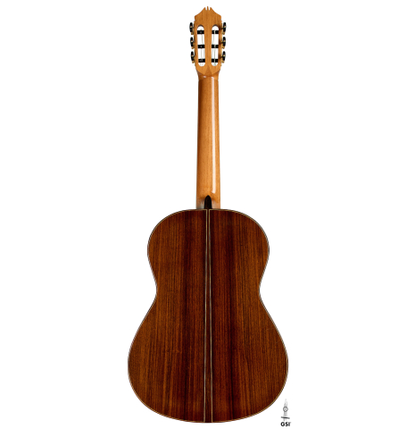 The back of a 2025 Kenny Hill "Signature CD/SP" classical guitar made of a cedar/spruce double top and Indian rosewood