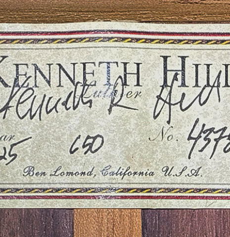 The label of a 2025 Kenny Hill "Signature CD/SP" classical guitar made of a cedar/spruce double top and Indian rosewood
