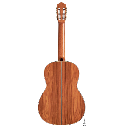 This is the back of a 2022 Stephen Hill 2a SP/PF classical guitar on a white background