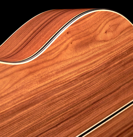 This is a close up of the pau ferro back and sides of a 2022 Stephen Hill 2a SP/PF classical guitar