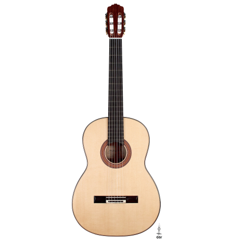 This is the front of a 2022 Stephen Hill 2a SP/PF classical guitar on a white background