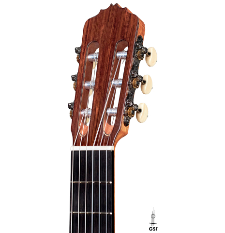 This is the headstock of a 2022 Stephen Hill 2a SP/PF classical guitar on a white background