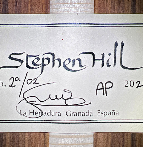 This is the label of a 2022 Stephen Hill 2a SP/PF classical guitar