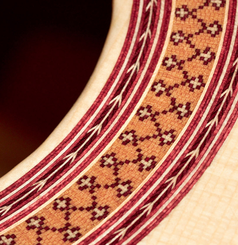 This is a close-up of the rosette of a 2022 Stephen Hill 2a SP/PF classical guitar