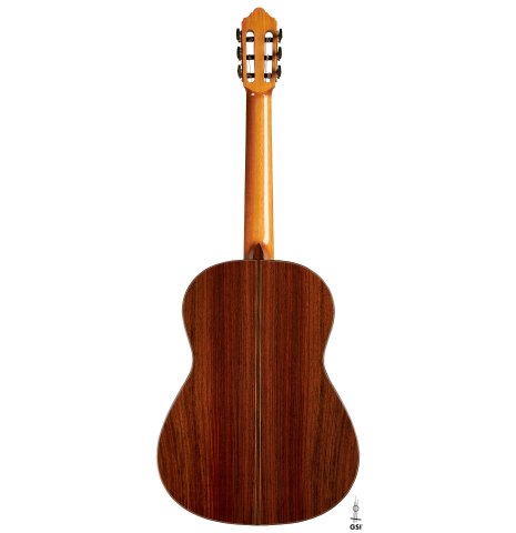 The back of a 2020 Kenny Hill "Heritage" classical guitar made of cedar and Indian rosewood