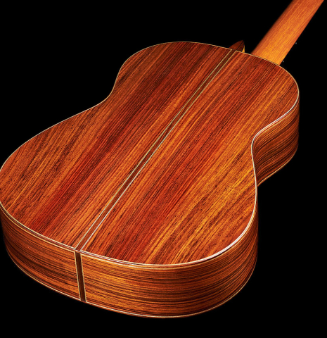 The back and sides of a 2020 Kenny Hill "Heritage" classical guitar made of cedar and Indian rosewood