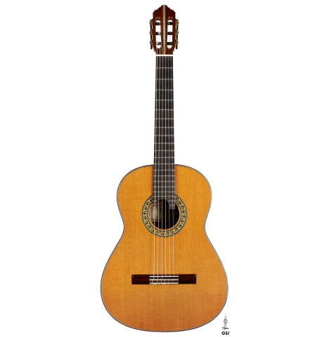 The front of a 2020 Kenny Hill "Heritage" classical guitar made of cedar and Indian rosewood