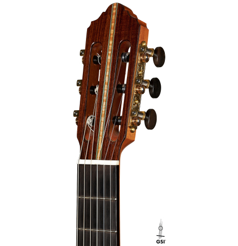 The headstock of a 2020 Kenny Hill "Heritage" classical guitar made of cedar and Indian rosewood