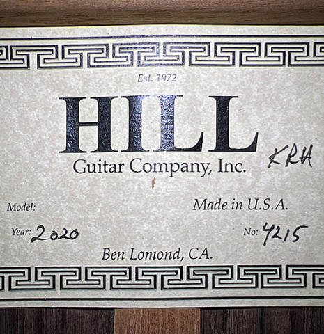 The label of a 2020 Kenny Hill "Heritage" classical guitar made of cedar and Indian rosewood