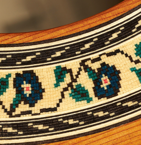 Rosette detail of a 2020 Kenny Hill "Heritage" classical guitar made of cedar and Indian rosewood