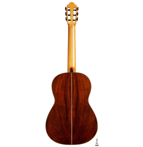 The back of a 2021 Kenny Hill "Torres 640" classical guitar made of spruce and CSA rosewood