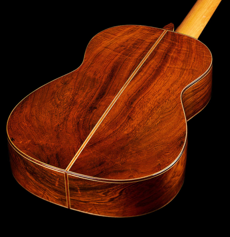 The back and sides of a 2021 Kenny Hill "Torres 640" classical guitar made of spruce and CSA rosewood