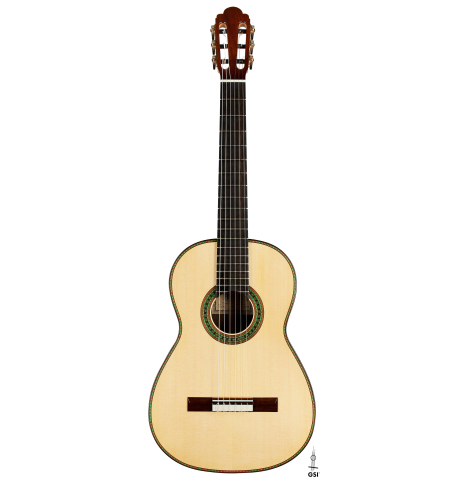 The front of a 2021 Kenny Hill "Torres 640" classical guitar made of spruce and CSA rosewood
