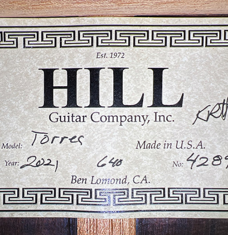 The label of a 2021 Kenny Hill "Torres 640" classical guitar made of spruce and CSA rosewood