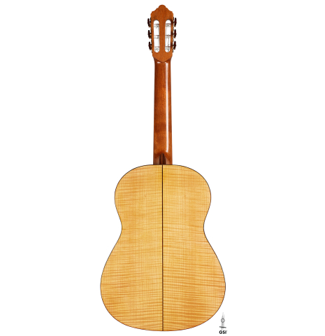 The back of a 2015 Kenny Hill "Performance 640 SP/CD" classical guitar made of spruce and maple