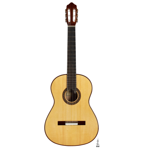 The front of a 2015 Kenny Hill "Performance 640 SP/CD" classical guitar made of spruce and maple