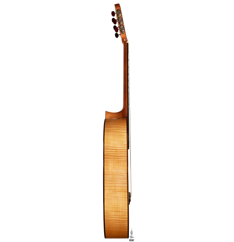The side of a 2015 Kenny Hill "Performance 640 SP/CD" classical guitar made of spruce and maple