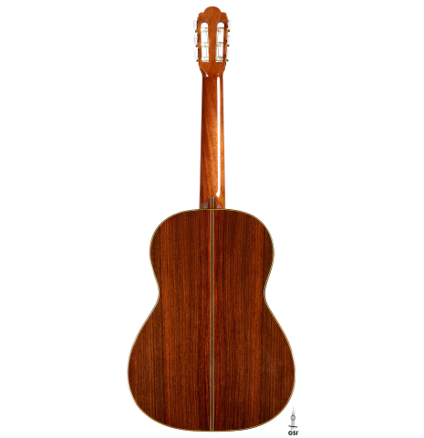 The back of a 2008 Kenny Hill "1937 Hauser" classical guitar made of spruce and Indian rosewood