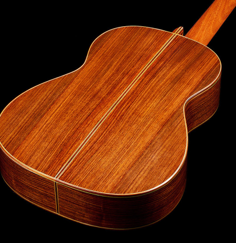 The back and sides of a 2008 Kenny Hill "1937 Hauser" classical guitar made of spruce and Indian rosewood
