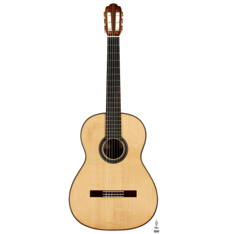 The front of a 2008 Kenny Hill "1937 Hauser" classical guitar made of spruce and Indian rosewood