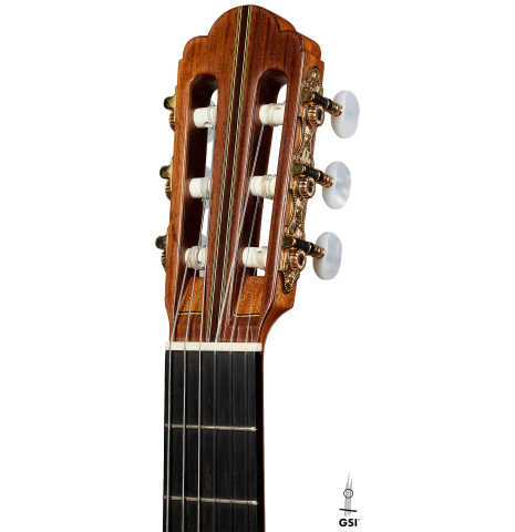 The headstock of a 2008 Kenny Hill "1937 Hauser" classical guitar made of spruce and Indian rosewood