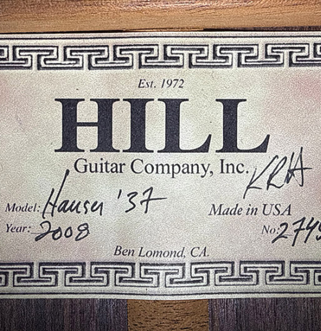 The label of a 2008 Kenny Hill "1937 Hauser" classical guitar made of spruce and Indian rosewood
