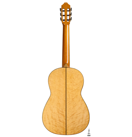 The back of a 2009 Kenny Hill "Torres 640 Lattice Double Top" classical guitar made of spruce and maple