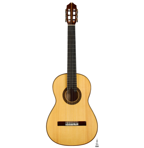 The front of a 2009 Kenny Hill "Torres 640 Lattice Double Top" classical guitar made of spruce and maple