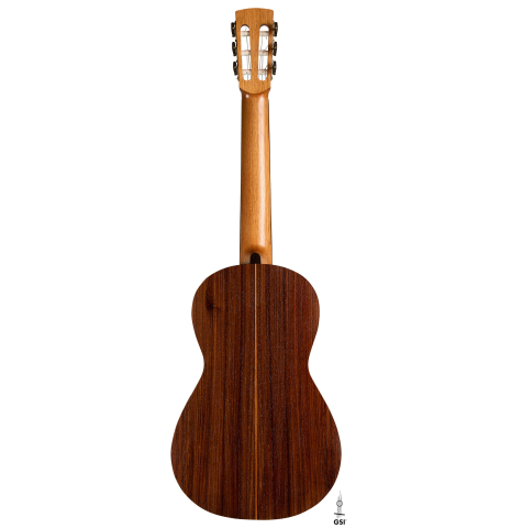 The back of a 2025 Kenny Hill "Companion" classical guitar made of Indian rosewood for the top, back and sides