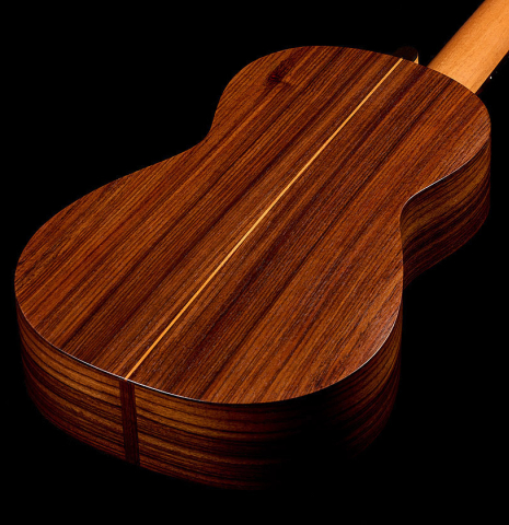 The back and sides of a 2025 Kenny Hill "Companion" classical guitar made of Indian rosewood for the top, back and sides