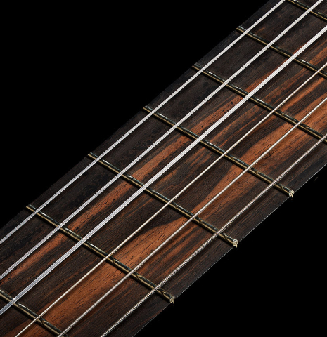 The fingerboard and frets of a 2025 Kenny Hill "Companion" classical guitar made of Indian rosewood for the top, back and sides