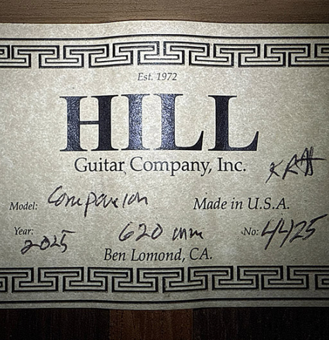 The label of a 2025 Kenny Hill "Companion" classical guitar made of Indian rosewood for the top, back and sides