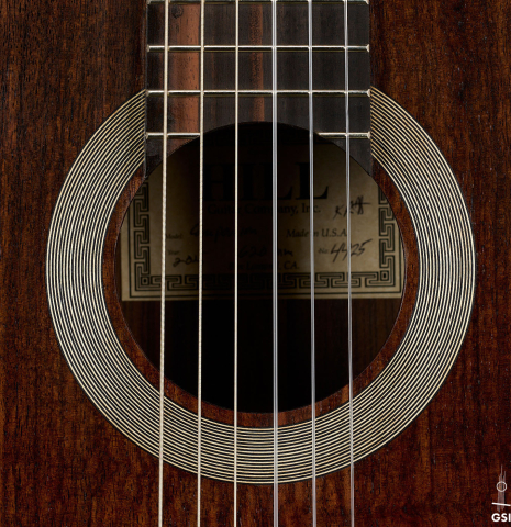 The rosette of a 2025 Kenny Hill "Companion" classical guitar made of Indian rosewood for the top, back and sides