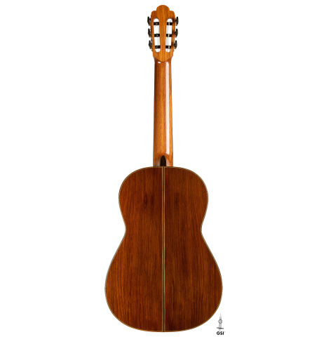 The back of a 2025 Kenny Hill "Torres 640" classical guitar made of spruce and CSA rosewood