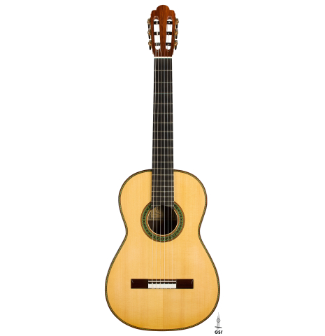 The front of a 2025 Kenny Hill "Torres 640" classical guitar made of spruce and CSA rosewood
