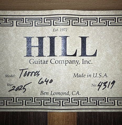 The label of a 2025 Kenny Hill "Torres 640" classical guitar made of spruce and CSA rosewood