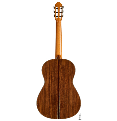 The back of a 2020 Kenny Hill "Special CD/SP" made of cedar/spruce and Indian rosewood