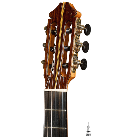 The headstock of a 2020 Kenny Hill "Special CD/SP" made of cedar/spruce and Indian rosewood
