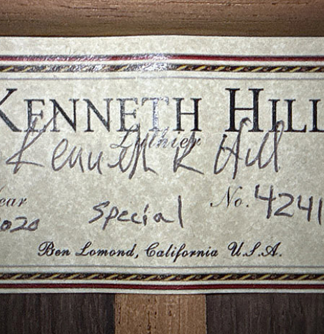 The label of a 2020 Kenny Hill "Special CD/SP" made of cedar/spruce and Indian rosewood