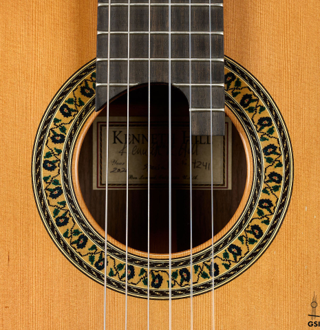 The rosette of a 2020 Kenny Hill "Special CD/SP" made of cedar/spruce and Indian rosewood
