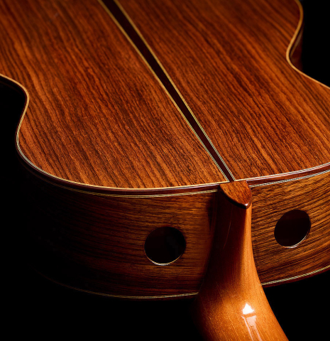 The back, sides, sound ports, heel and neck joint of a 2020 Kenny Hill "Special CD/SP" made of cedar/spruce and Indian rosewood