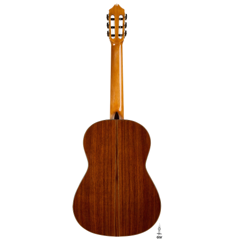 The back of a 2010 Kenny Hill "Signature CD/SP" classical guitar with electronics made of cedar/spruce and Indian rosewood