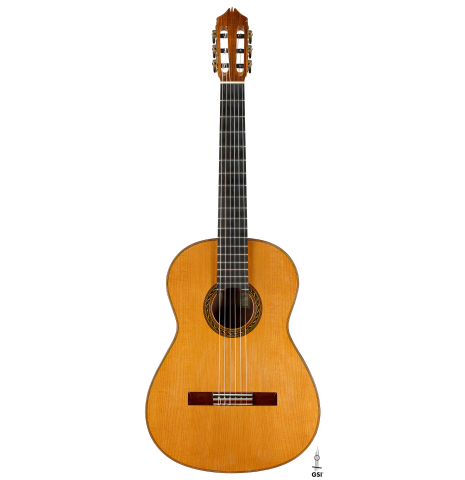 The front of a 2010 Kenny Hill "Signature CD/SP" classical guitar with electronics made of cedar/spruce and Indian rosewood