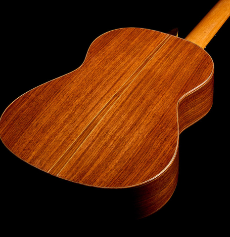 The back and sides of a 2010 Kenny Hill "Signature CD/SP" classical guitar with electronics made of cedar/spruce and Indian rosewood