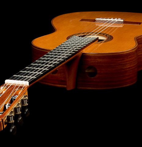 View from the headstock of a 2010 Kenny Hill "Signature CD/SP" classical guitar with electronics made of cedar/spruce and Indian rosewood