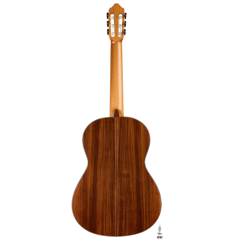 The back of a 2020 Kenny Hill "Heritage" classical guitar made of spruce and Indian rosewood