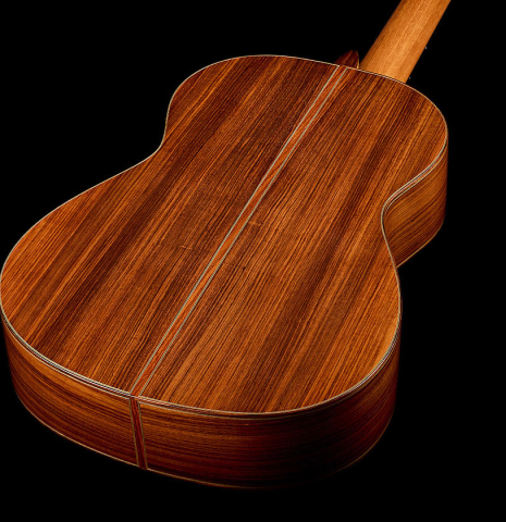 The back and sides of a 2020 Kenny Hill "Heritage" classical guitar made of spruce and Indian rosewood