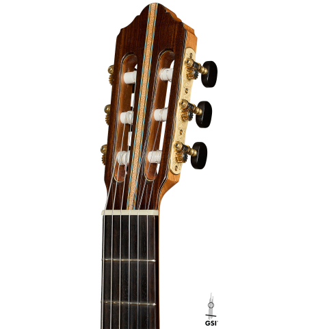 The headstock of a 2020 Kenny Hill "Heritage" classical guitar made of spruce and Indian rosewoods