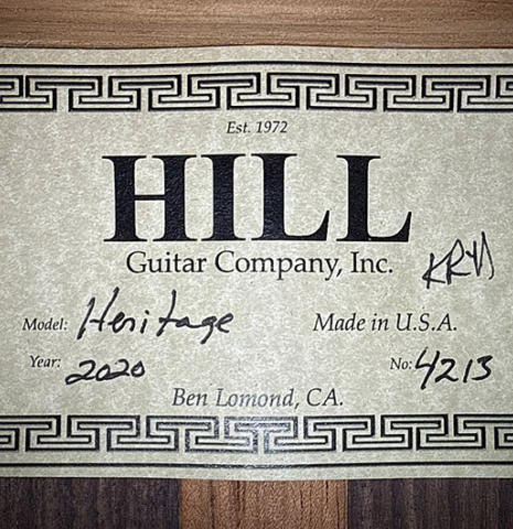 The label of a 2020 Kenny Hill "Heritage" classical guitar made of spruce and Indian rosewood