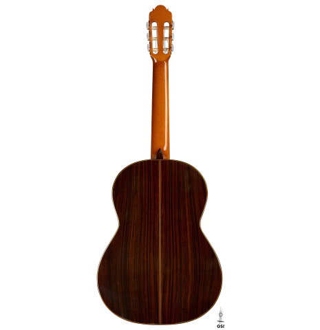 The back of a 2009 Dieter Hopf “Super Classic” classical guitar made of cedar and Indian rosewood
